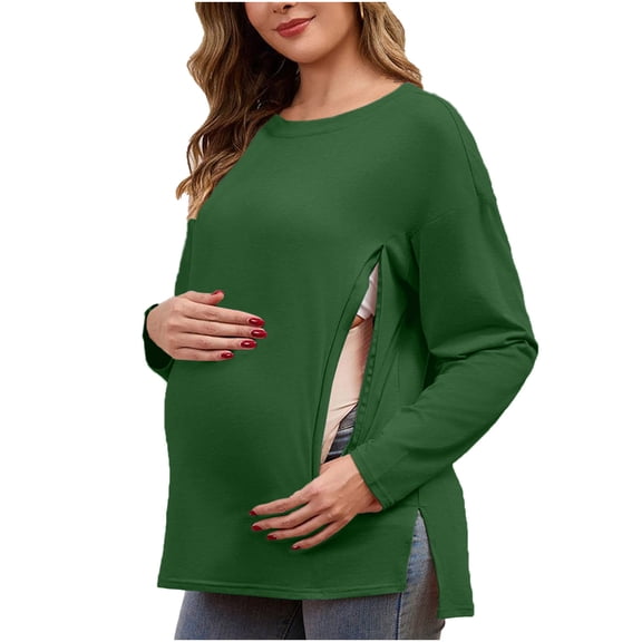 Yteetum Long Sleeve Shirts for Women Oversized Crewneck Maternity Nursing Breastfeed Hidden Zipper Side Split T Shirt Top Womens Casual Solid Plus Size Round Neck Loose Comfy Soft Maternity Tee Shirt