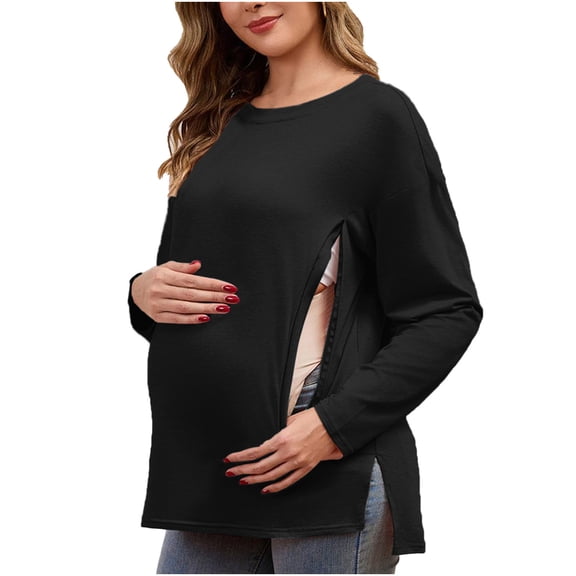 Yteetum Long Sleeve Shirts for Women Oversized Crewneck Maternity Nursing Breastfeed Hidden Zipper Side Split T Shirt Top Womens Casual Solid Plus Size Round Neck Loose Comfy Soft Maternity Tee Shirt