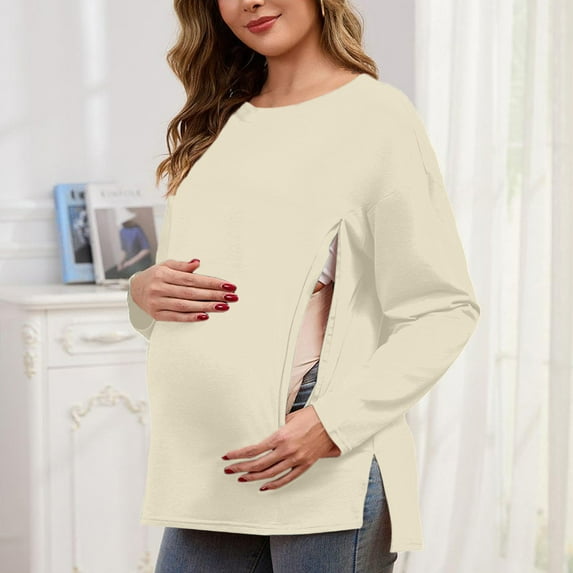Yteetum Long Sleeve Shirts for Women Oversized Crewneck Maternity Nursing Breastfeed Hidden Zipper Side Split T Shirt Top Womens Casual Solid Plus Size Round Neck Loose Comfy Soft Maternity Tee Shirt