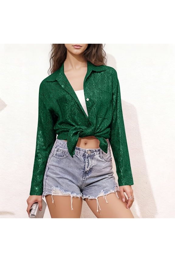 Long Sleeve Shirts for Women Oversized Lapel Sequin Sparkly Glitter Button Down Blouses Top Womens Casual Solid Plus Size Turndown Collar Loose Comfy Party Dressy T Shirts Fall Spring Clothes