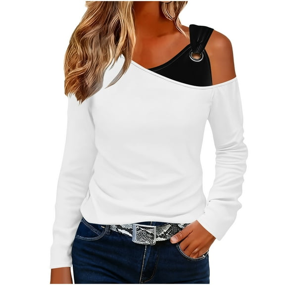 Yteetum Long Sleeve Shirts for Women Oversized Off Shoulder Metal Buckle Single Strap T Shirts Top Womens Casual Colorblock Plus Size Loose Fits Comfy Elegant Basic Tee Fall Spring Clothes