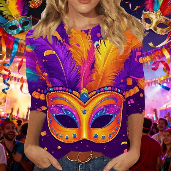 Yteetum Mardi Gras 3/4 Length Sleeve Womens Tops Oversized Crewneck Carnival Graphic Printed Three Quarter Sleeve T Shirt Women Casual Round Neck Funny Tuesday Carnival Party Loose Short Sleeve Shirt