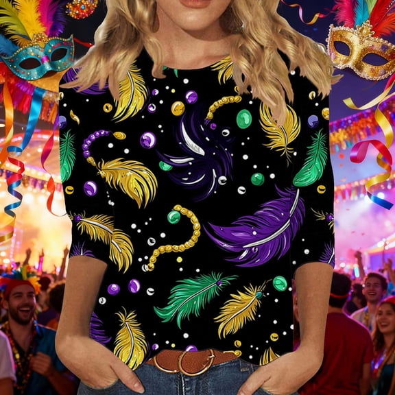 Yteetum Mardi Gras 3/4 Length Sleeve Womens Tops Oversized Crewneck Carnival Graphic Printed Three Quarter Sleeve T Shirt Women Casual Round Neck Funny Tuesday Carnival Party Loose Short Sleeve Shirt