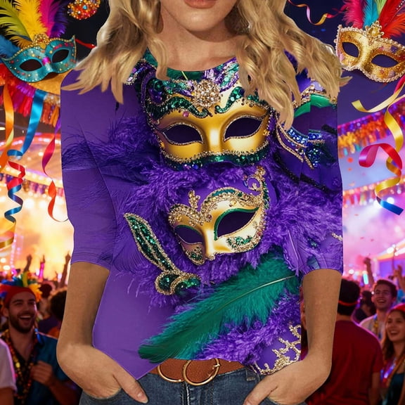 Yteetum Mardi Gras 3/4 Length Sleeve Womens Tops Oversized Crewneck Carnival Graphic Printed Three Quarter Sleeve T Shirt Women Casual Round Neck Funny Tuesday Carnival Party Loose Short Sleeve Shirt