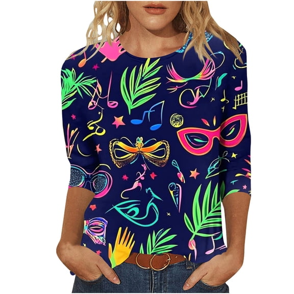 Yteetum Mardi Gras 3/4 Length Sleeve Womens Tops Oversized Crewneck Carnival Mask Print 3/4 Sleeve T Shirt Womens Casual Round Neck Tuesday Carnival Party Short Sleeve Tee Shirt Spring Summer Clothes