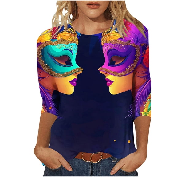 Yteetum Mardi Gras 3/4 Length Sleeve Womens Tops Oversized Crewneck Carnival Mask Print 3/4 Sleeve T Shirt Womens Casual Round Neck Tuesday Carnival Party Short Sleeve Tee Shirt Spring Summer Clothes