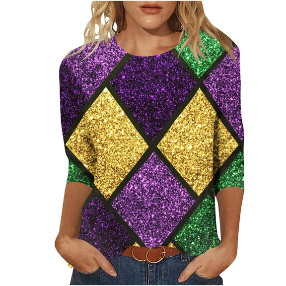 Yteetum Mardi Gras 3/4 Length Sleeve Womens Tops Oversized Crewneck Carnival Mask Print 3/4 Sleeve T Shirt Womens Casual Round Neck Tuesday Carnival Party Short Sleeve Tee Shirt Spring Summer Clothes