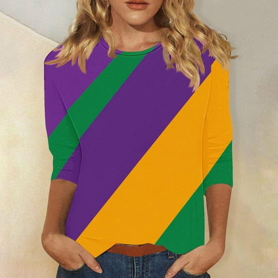 Yteetum Mardi Gras 3/4 Sleeve T Shirts for Women Top Oversized Crewneck Carnival Mask Print 3/4 Length Sleeve Shirt Womens Casual Round Neck Mask Tuesday Carnival Party Three Quarter Sleeve Tee Shirt