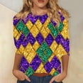 thumbnail image 1 of Yteetum Mardi Gras 3/4 Sleeve T Shirts for Women Top Oversized Crewneck Carnival Mask Print 3/4 Length Sleeve Shirt Womens Casual Round Neck Mask Tuesday Carnival Party Three Quarter Sleeve Tee Shirt, 1 of 5