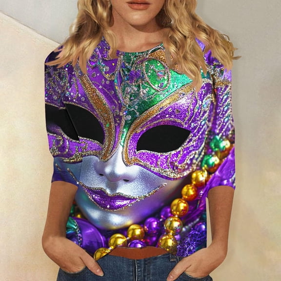 Yteetum Mardi Gras 3/4 Sleeve T Shirts for Women Top Oversized Crewneck Carnival Mask Print 3/4 Length Sleeve Shirt Womens Casual Round Neck Mask Tuesday Carnival Party Three Quarter Sleeve Tee Shirt