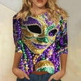 thumbnail image 1 of Yteetum Mardi Gras 3/4 Sleeve T Shirts for Women Top Oversized Crewneck Carnival Mask Print 3/4 Length Sleeve Shirt Womens Casual Round Neck Mask Tuesday Carnival Party Three Quarter Sleeve Tee Shirt, 1 of 5