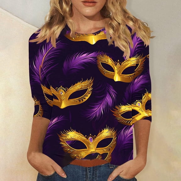 Yteetum Mardi Gras 3/4 Sleeve T Shirts for Women Top Oversized Crewneck Carnival Mask Print 3/4 Length Sleeve Shirt Womens Casual Round Neck Mask Tuesday Carnival Party Three Quarter Sleeve Tee Shirt