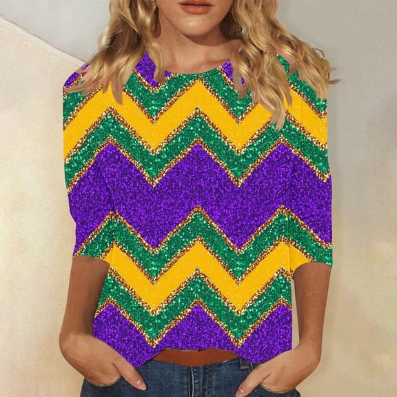 Yteetum Mardi Gras 3/4 Sleeve T Shirts for Women Top Oversized Crewneck Carnival Mask Print 3/4 Length Sleeve Shirt Womens Casual Round Neck Mask Tuesday Carnival Party Three Quarter Sleeve Tee Shirt