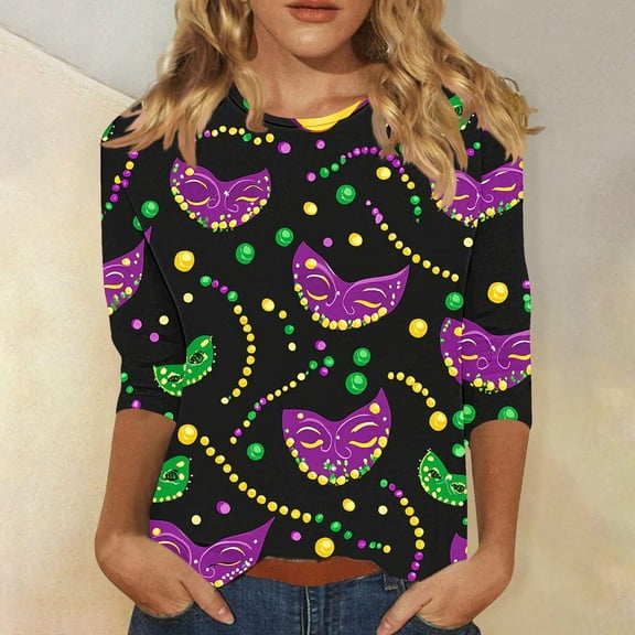 Yteetum Mardi Gras 3/4 Sleeve T Shirts for Women Top Oversized Crewneck Carnival Mask Print 3/4 Length Sleeve Shirt Womens Casual Round Neck Mask Tuesday Carnival Party Three Quarter Sleeve Tee Shirt