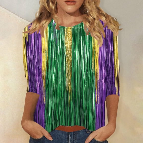 Yteetum Mardi Gras 3/4 Sleeve T Shirts for Women Top Oversized Crewneck Carnival Mask Print 3/4 Length Sleeve Shirt Womens Casual Round Neck Mask Tuesday Carnival Party Three Quarter Sleeve Tee Shirt