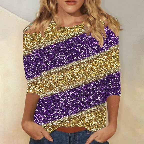 Yteetum Mardi Gras 3/4 Sleeve T Shirts for Women Top Oversized Crewneck Carnival Mask Print 3/4 Length Sleeve Shirt Womens Casual Round Neck Mask Tuesday Carnival Party Three Quarter Sleeve Tee Shirt