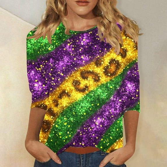 Yteetum Mardi Gras 3/4 Sleeve T Shirts for Women Top Oversized Crewneck Carnival Mask Print 3/4 Length Sleeve Shirt Womens Casual Round Neck Mask Tuesday Carnival Party Three Quarter Sleeve Tee Shirt