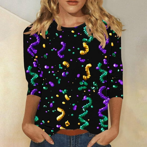 Yteetum Mardi Gras 3/4 Sleeve T Shirts for Women Top Oversized Crewneck Carnival Mask Print 3/4 Length Sleeve Shirt Womens Casual Round Neck Mask Tuesday Carnival Party Three Quarter Sleeve Tee Shirt