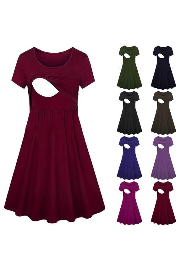 Maternity Dresses Pregnant Women Round Neck Nursing Short Sleeve Dress Ladies Summer Fashion Crew Neck Casual Solid Color Comfortable Breastfeeding Dress