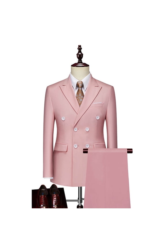 Men's 2PC Suits Oversized Two Breasted Button Slim Fits Lapel Blazer Dress Suit 2 Piece Set Mens Solid Double Breasted Groom Wedding Business Formal Wear Blazer Jacket and Pants Two Piece Set