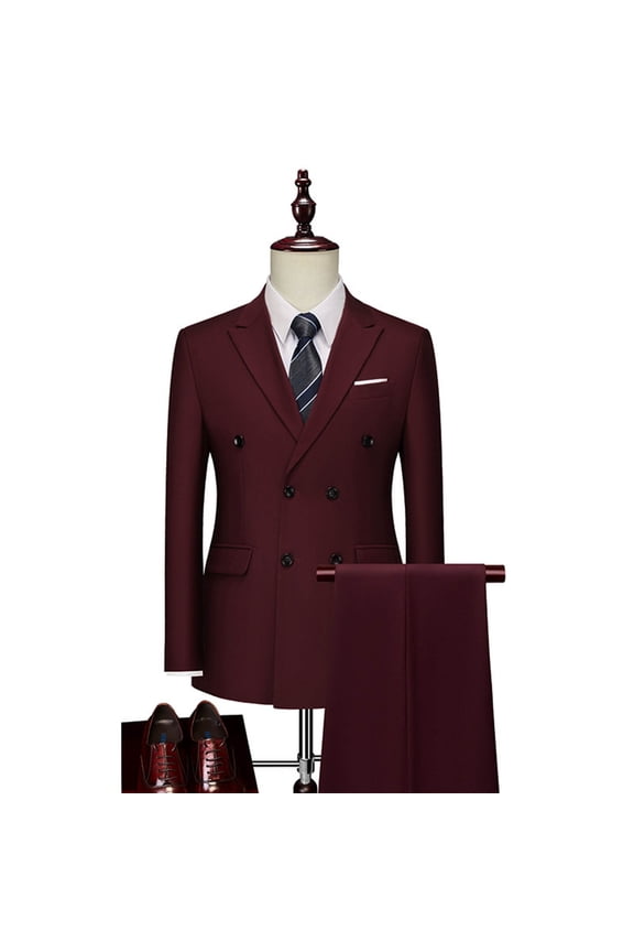 Men's 2PC Suits Oversized Two Breasted Button Slim Fits Lapel Blazer Dress Suit 2 Piece Set Mens Solid Double Breasted Groom Wedding Business Formal Wear Blazer Jacket and Pants Two Piece Set