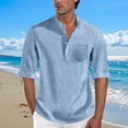 thumbnail image 1 of Yteetum Men's 3/4 Sleeve Cotton Linen Shirts Button Down Stand Collar Shirt Cardigan Blouse Mens Casual Solid Loose Fits Lightweight Big and Tall Quickly Dry Pockets Three Quarter Sleeve T-Shirts Top, 1 of 7