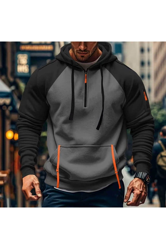 Men's Cargo Hoodies Quarter Zip Drawstring Sweatshirts Pullover Tactical Hoodies Tops Mens Casual Solid Loose Half Zip Sports Long Sleeve Athletic Hooded Sweatshirts Tops Fall Clothes