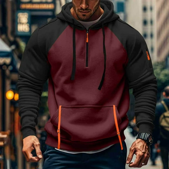 Yteetum Men's Cargo Hoodies Quarter Zip Drawstring Sweatshirts Pullover Tactical Hoodies Tops Mens Casual Solid Loose Half Zip Sports Long Sleeve Athletic Hooded Sweatshirts Tops Fall Clothes