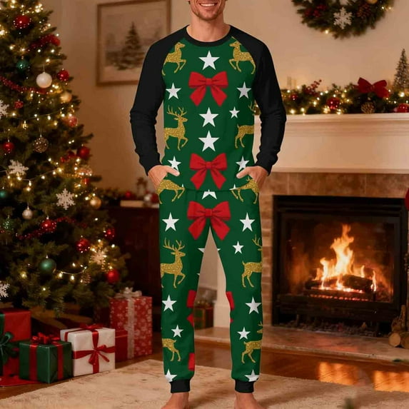 Yteetum Men's Christmas Pajama Set Oversized Crewneck Long Sleeve Christmas Plaid Print Pajamas Shirts and Plaid Pajama Pant Matching Set Mens Plaid 2 Piece Sleepwear PJ Set Christmas Loungewear Sets