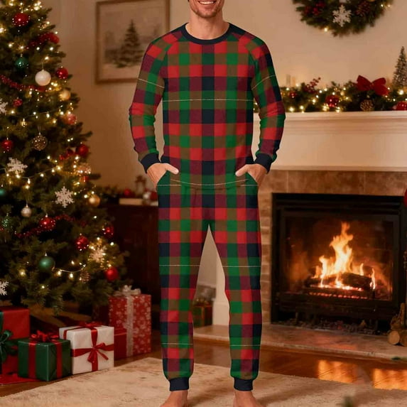 Yteetum Men's Christmas Pajama Set Oversized Crewneck Long Sleeve Christmas Plaid Print Pajamas Shirts and Plaid Pajama Pant Matching Set Mens Plaid 2 Piece Sleepwear PJ Set Christmas Loungewear Sets