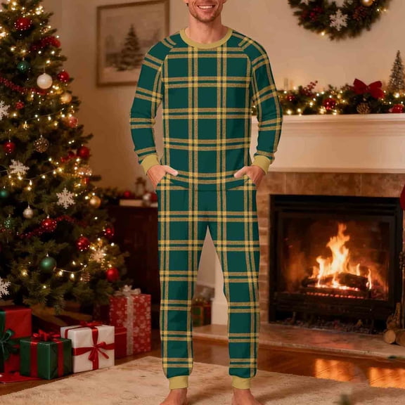 Yteetum Men's Christmas Pajama Set Oversized Crewneck Long Sleeve Christmas Plaid Print Pajamas Shirts and Plaid Pajama Pant Matching Set Mens Xmas Plaid Loungewear Sleepwear PJ Sets Christmas