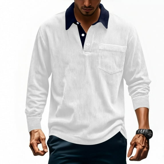 Yteetum Men's Corduroy Polos Shirts Oversized Lapel Quarter Button Long Sleeve Golf T Shirts Top Mens Casual Solid Plus Size Turndown Collar Loose Classic Athletic Tee Shirt with Pocket Spring Clothe