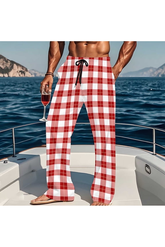 Men's Cotton Pajama Pants, Plaid Printing Eastic Waist Lightweight Sleeping Lounge Wear Trousers Mens Casual Loose Comfy Straight Leg Homewear Pj Bottoms Pajamas Pants with Pockets