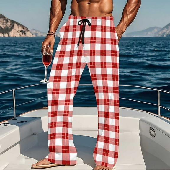 Yteetum Men's Cotton Pajama Pants, Plaid Printing Eastic Waist Lightweight Sleeping Lounge Wear Trousers Mens Casual Loose Comfy Straight Leg Homewear Pj Bottoms Pajamas Pants with Pockets