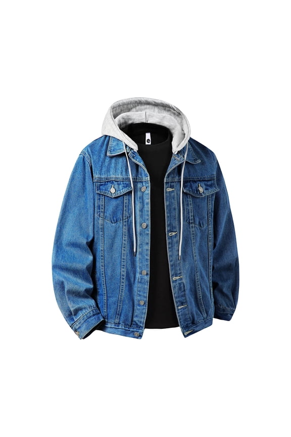 Men's Detachable Hoodie Denim Jackets Oversized Drawstring Button Down Cardigan Jeans Coats Tops Mens Casual Solid Comfy Slim Fits Streetwear Long Sleeve Button Denim Hooded Jacket