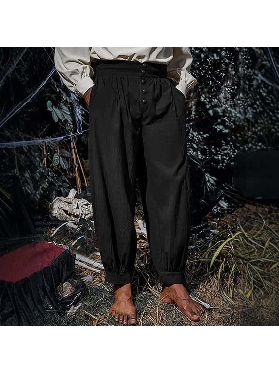 Men's Halloween Pirate Pants Baggy Cotton Elastic Waist Button Down Trousers Men Casual Solid Ligjhtweight Loose Fits Comfy Long Pant