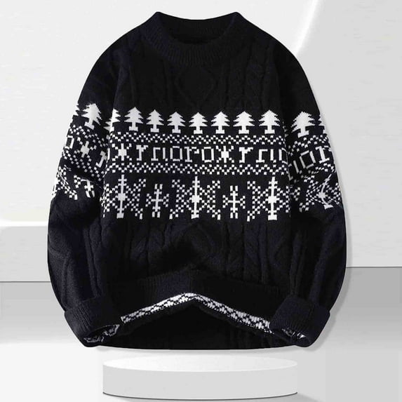 Yteetum Men's Oversize Knitted Sweaters Christmas Reindeer Jacquard Crewneck Stretch Pullover Sweaters Top Mens Casual Christmas Print Loose Elastic Long Sleeve Round Neck Knit Fall Sweater Outerwear