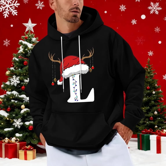 Yteetum Men's Oversized Christmas Hoodies Christmas Letter Print Drawstring Pullover Hooded Sweatshirts Mens Casual Christmas Graphic Print Loose Long Sleeve Hoodies Xmas Holiday Hooded Sweatshirt