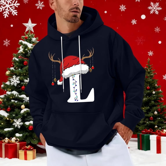 Yteetum Men's Oversized Christmas Hoodies Christmas Letter Print Drawstring Pullover Hooded Sweatshirts Mens Casual Christmas Graphic Print Loose Long Sleeve Hoodies Xmas Holiday Hooded Sweatshirt