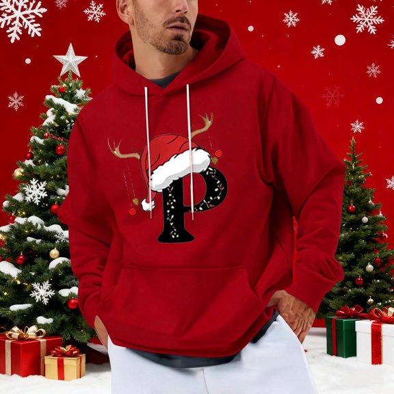 Yteetum Men's Oversized Christmas Hoodies Christmas Letter Print Drawstring Pullover Hooded Sweatshirts Mens Casual Christmas Graphic Print Loose Long Sleeve Hoodies Xmas Holiday Hooded Sweatshirt