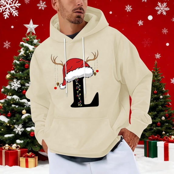 Yteetum Men's Oversized Christmas Hoodies Christmas Letter Print Drawstring Pullover Hooded Sweatshirts Mens Casual Christmas Graphic Print Loose Long Sleeve Hoodies Xmas Holiday Hooded Sweatshirt