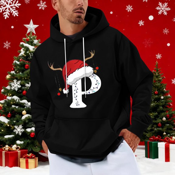 Yteetum Men's Oversized Christmas Hoodies Christmas Letter Print Drawstring Pullover Hooded Sweatshirts Mens Casual Christmas Graphic Print Loose Long Sleeve Hoodies Xmas Holiday Hooded Sweatshirt