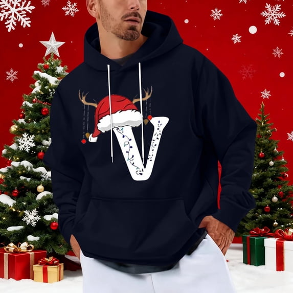 Yteetum Men's Oversized Christmas Hoodies Christmas Letter Print Drawstring Pullover Hooded Sweatshirts Mens Casual Christmas Print Loose Long Sleeve Hoodies Xmas Hooded Sweatshirt Fall Clothes