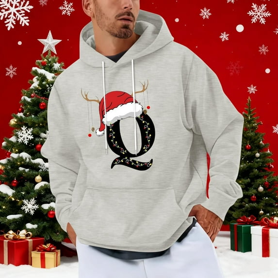 Yteetum Men's Oversized Christmas Hoodies Christmas Letter Print Drawstring Pullover Hooded Sweatshirts Mens Casual Christmas Print Loose Long Sleeve Hoodies Xmas Hooded Sweatshirt Fall Clothes