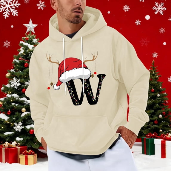 Yteetum Men's Oversized Christmas Hoodies Christmas Letter Print Drawstring Pullover Hooded Sweatshirts Mens Casual Christmas Print Loose Long Sleeve Hoodies Xmas Hooded Sweatshirt Fall Clothes