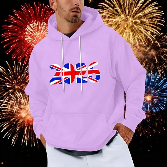 Yteetum Men's Oversized Hoodies Happy New Year Printed Drawstring Pullover Hooded Sweatshirt Top Mens Casual Loose Fits Fashion Print Long Sleeve Athletic Hood Sweatshirt Holiday Party Pocket Hoodies