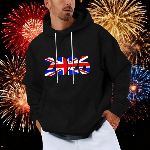 Yteetum Men's Oversized Hoodies Happy New Year Printed Drawstring Pullover Hooded Sweatshirt Top Mens Casual Loose Fits Fashion Print Long Sleeve Athletic Hood Sweatshirt Holiday Party Pocket Hoodies