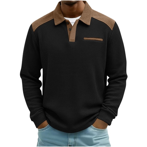 Yteetum Men's Polos Shirts Oversized Quarter Button Turndown Collar Waffle Weave Corduroy Long Sleeve Golf Tshirts Mens Casual Colorblock Half Button Lapel Regular Fits Comfy T Shirts Spring Clothes