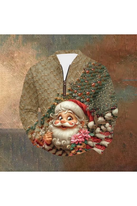 Men's Quarter Zip Christmas Sweatshirts Oversized Stand Collar Pullover Hoodless Sweatshirts Mens Casual 1/4 Zipper Xmas Graphic Print Long Sleeve Sweatshirts Half Zipper Christmas Sweatshirt