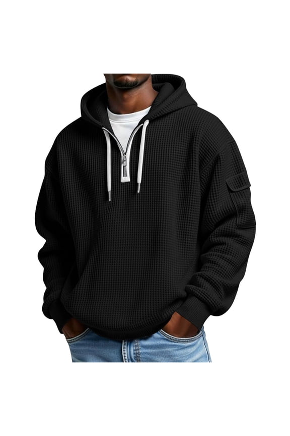 Men's Quarter Zip Hoodies Oversized 1/4 Zip Waffle Knit Drawstring Long Sleeve Pullover Hooded Sweatshirts Tops Mens Casual Solid Half Zip Loose Fits Fall Athletic Hoodie with Pockets